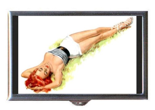 Pin Up Reclining Busty Redhead Coin Mint Guitar Pick or Pill Box MADE IN